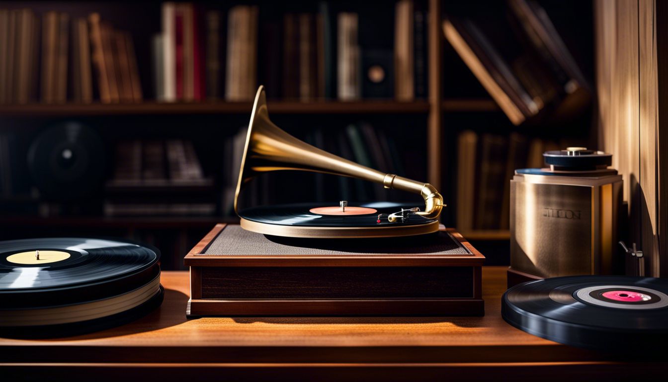 Vintage gramophone surrounded by vinyl records and musical notes on wooden shelf.